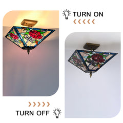 Tiffany Semi Flush Mount Ceiling Light — Rose Stained Glass, W14" × H11", 2-Light