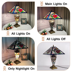 Tiffany Table Lamp with Nightlight — Rose & Dragonfly Stained Glass, W16" × H24"