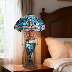 Capulina Tiffany Lamp Stained Glass Table Lamp Mother-Daughter Vase 3-Light 12X12X20 Inches Antique Blue Dragonfly Tiffany Style Desk Lamp for Home Office Living Room Bedroom