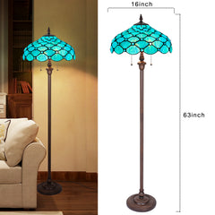 Capulina Tiffany Lamp Stained Glass Floor Lamp 2-Light 16X16X63 Inches Seagrass Blue Beads Tiffany Style Standing Reading Lamp for Living Room Bedroom Home Office