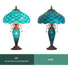 Capulina Tiffany Lamp Stained Glass Table Lamp 3-Light 16x16x24 Inches Mother-Daughter Vase Seagrass Blue Beads Tiffany Style Desk Reading Lamp Decor for Home Office Bedroom Living Room
