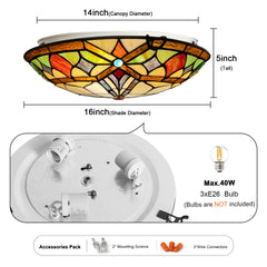 ARTZONE Tiffany Ceiling Lights, Stained Glass Ceiling Light 3-Lights 16 Inch Tiffany Flush Mount Ceiling Light for Bedroom Dining Living Room Entryway Foyer