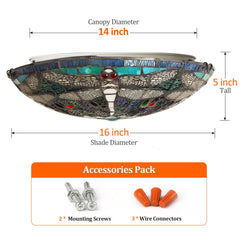 Tiffany Ceiling Lights, Stained Glass Ceiling Light 3-Lights 16 Inch Tiffany Flush Mount Ceiling Light Fixture for Bedroom Dining Living Room Entryway Foyer(Blue Dragonfly)