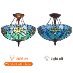 Cotoss Tiffany Style Ceiling Light Fixtures 16” Wide Stained Glass Lamp Shade 2-Light Classical Victorian Style Semi Flush Mount Ceiling Light for Hallway Bedroom Kitchen