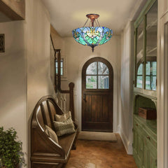 Cotoss Tiffany Style Ceiling Light Fixtures 16” Wide Stained Glass Lamp Shade 2-Light Classical Victorian Style Semi Flush Mount Ceiling Light for Hallway Bedroom Kitchen