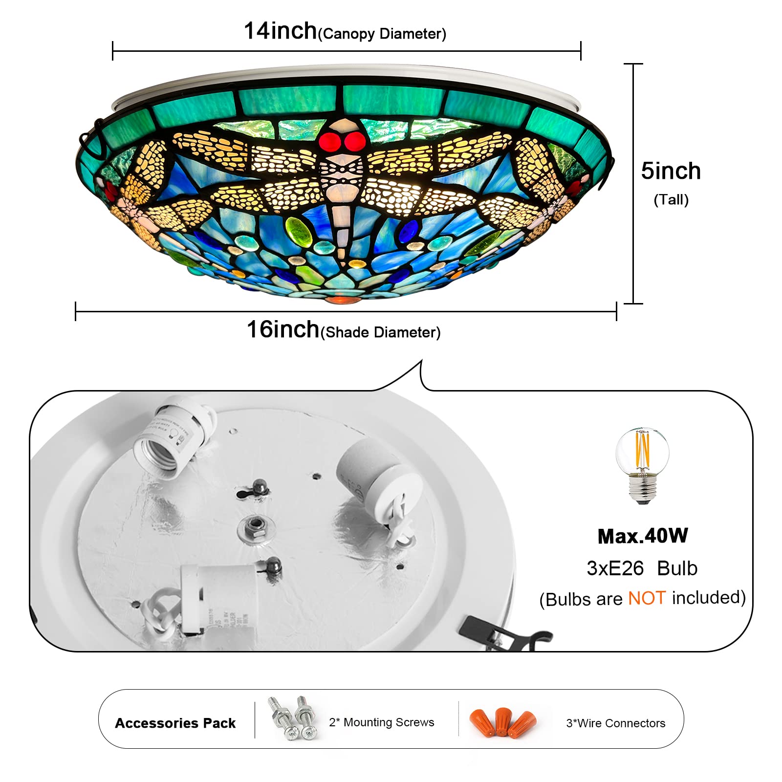 ARTZONE Tiffany Ceiling Lights, Stained Glass Ceiling Light 3-Lights 16 Inch Tiffany Flush Mount Ceiling Light for Bedroom Dining Living Room Entryway Foyer