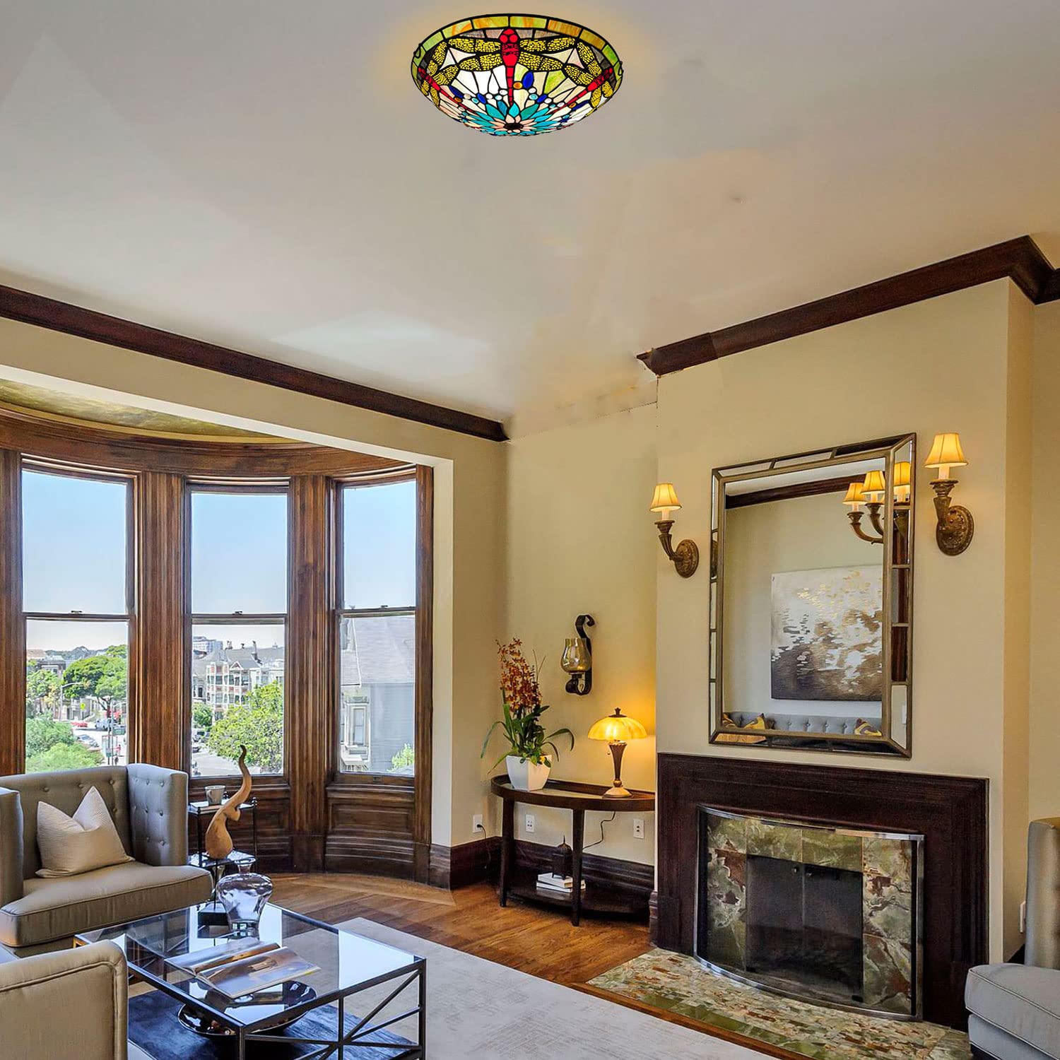 ARTZONE Tiffany Ceiling Lights, Stained Glass Ceiling Light 3-Lights 16 Inch Tiffany Flush Mount Ceiling Light for Bedroom Dining Living Room Entryway Foyer