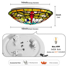 ARTZONE Tiffany Ceiling Lights, Stained Glass Ceiling Light 3-Lights 16 Inch Tiffany Flush Mount Ceiling Light for Bedroom Dining Living Room Entryway Foyer