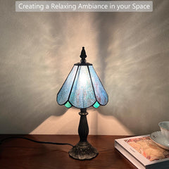 Cotoss Tiffany Table Lamp,Handcrafts Stained Glass Style Table Light,Blue Small Desk Bedside Table Night Lamp for Living Room Bedroom Study Office Bookcase Desk Light