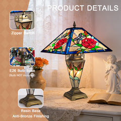 Tiffany Table Lamp with Nightlight — Rose & Dragonfly Stained Glass, W16" × H24"
