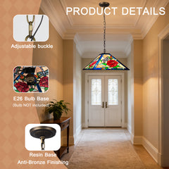 Tiffany Pendant Light — Rose & Dragonfly Stained Glass, W16" Adjustable Height