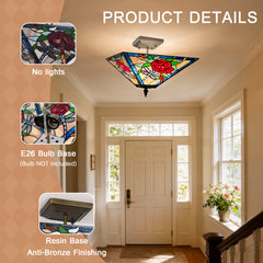 Tiffany Semi Flush Mount Ceiling Light — Rose Stained Glass, W14" × H11", 2-Light