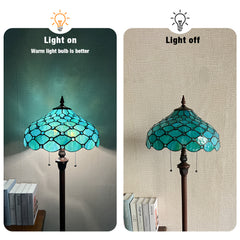 Capulina Tiffany Lamp Stained Glass Floor Lamp 2-Light 16X16X63 Inches Seagrass Blue Beads Tiffany Style Standing Reading Lamp for Living Room Bedroom Home Office