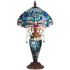 Capulina Tiffany Lamp Stained Glass Table Lamp Mother-Daughter Vase 3-Light 12X12X20 Inches Antique Blue Dragonfly Tiffany Style Desk Lamp for Home Office Living Room Bedroom