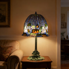 Thatyears Tiffany Style Lotus Stained Glass Table Lamp – Handcrafted Dome Shade with Bronze Lotus Leaf Base