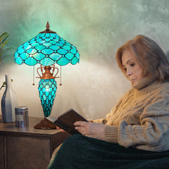 Capulina Tiffany Lamp Stained Glass Table Lamp 3-Light 16x16x24 Inches Mother-Daughter Vase Seagrass Blue Beads Tiffany Style Desk Reading Lamp Decor for Home Office Bedroom Living Room