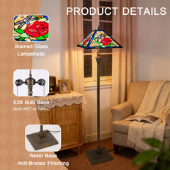 Tiffany Floor Lamp with Nightlight — Rose & Dragonfly Stained Glass, W16" × H59"