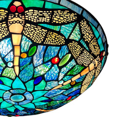 Tiffany Ceiling Lights, Stained Glass Ceiling Light 3-Lights 16 Inch Tiffany Flush Mount Ceiling Light Fixture for Bedroom Dining Living Room Entryway Foyer(Blue Dragonfly)