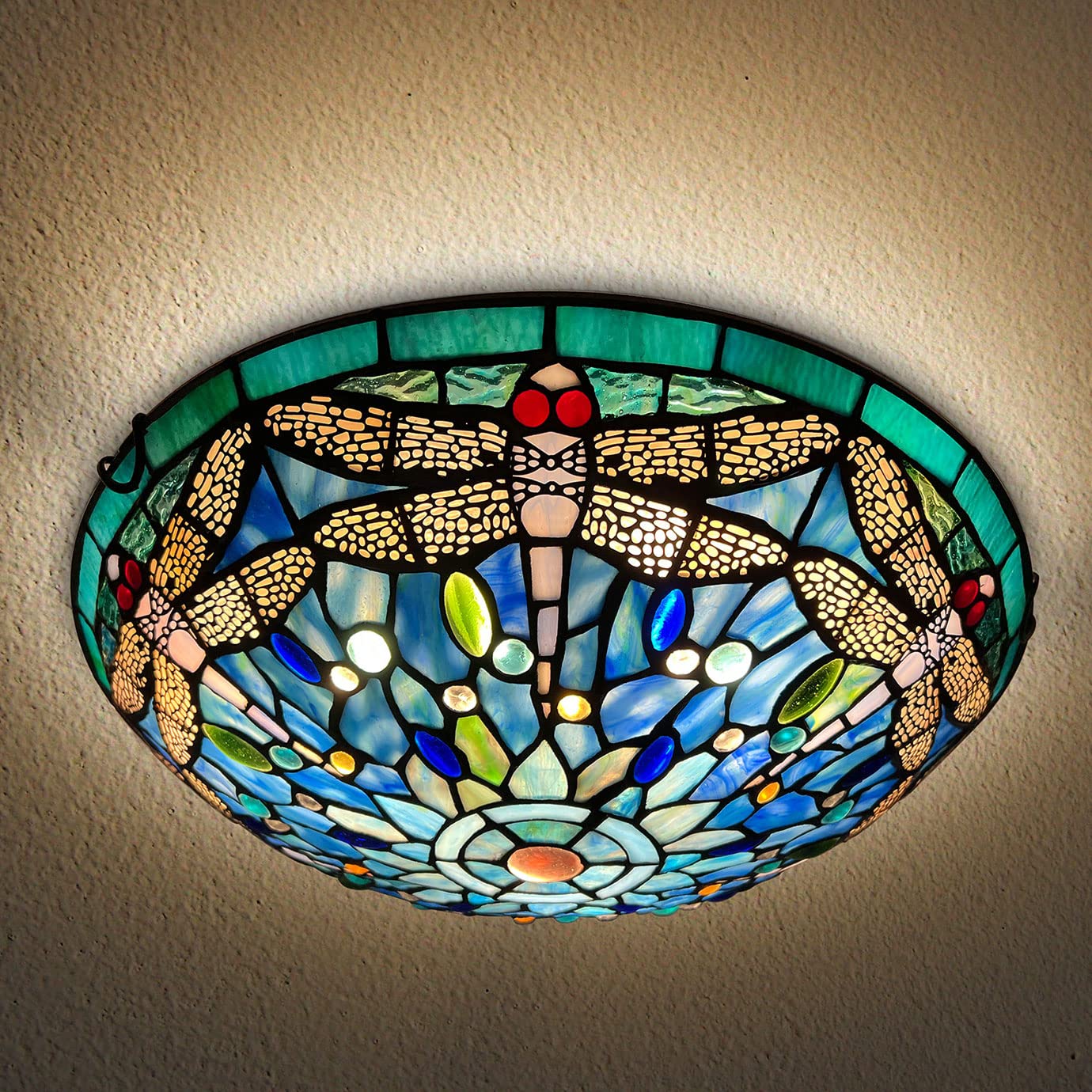 ARTZONE Tiffany Ceiling Lights, Stained Glass Ceiling Light 3-Lights 16 Inch Tiffany Flush Mount Ceiling Light for Bedroom Dining Living Room Entryway Foyer