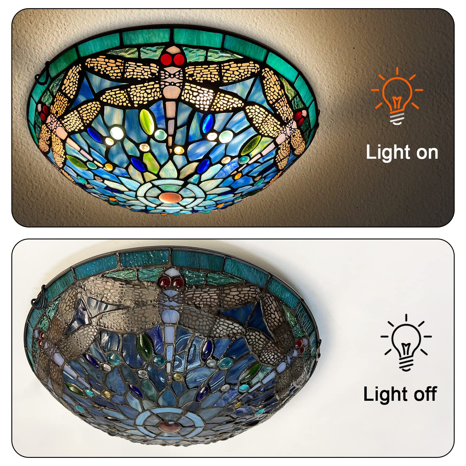 ARTZONE Tiffany Ceiling Lights, Stained Glass Ceiling Light 3-Lights 16 Inch Tiffany Flush Mount Ceiling Light for Bedroom Dining Living Room Entryway Foyer