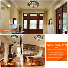 Tiffany Ceiling Lights, Stained Glass Ceiling Light 3-Lights 16 Inch Tiffany Flush Mount Ceiling Light for Bedroom Dining Living Room Entryway Foyer