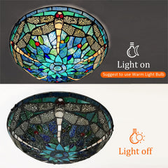 Tiffany Ceiling Lights, Stained Glass Ceiling Light 3-Lights 16 Inch Tiffany Flush Mount Ceiling Light Fixture for Bedroom Dining Living Room Entryway Foyer(Blue Dragonfly)