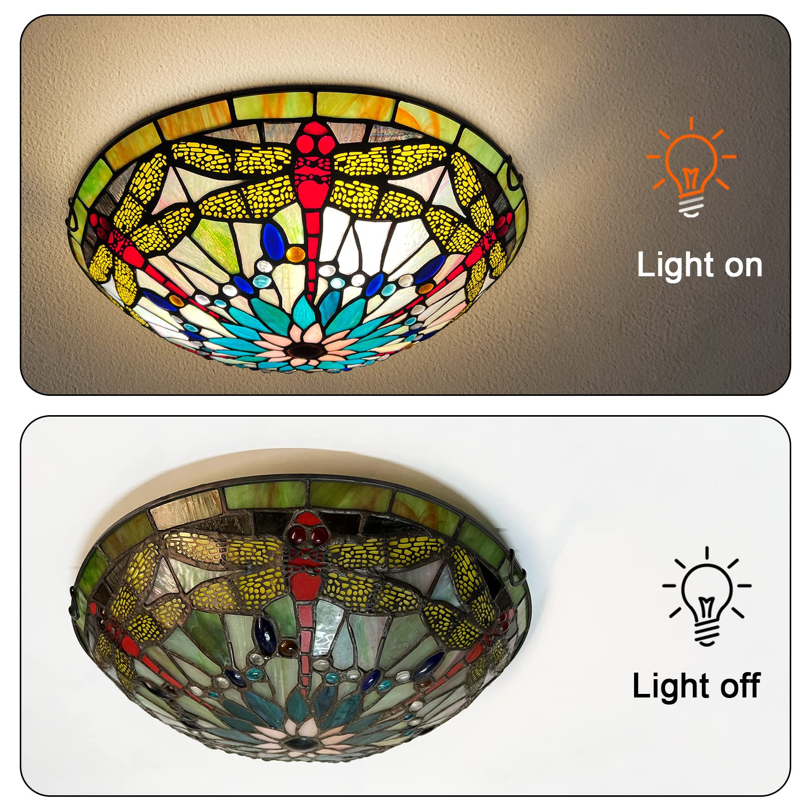 ARTZONE Tiffany Ceiling Lights, Stained Glass Ceiling Light 3-Lights 16 Inch Tiffany Flush Mount Ceiling Light for Bedroom Dining Living Room Entryway Foyer