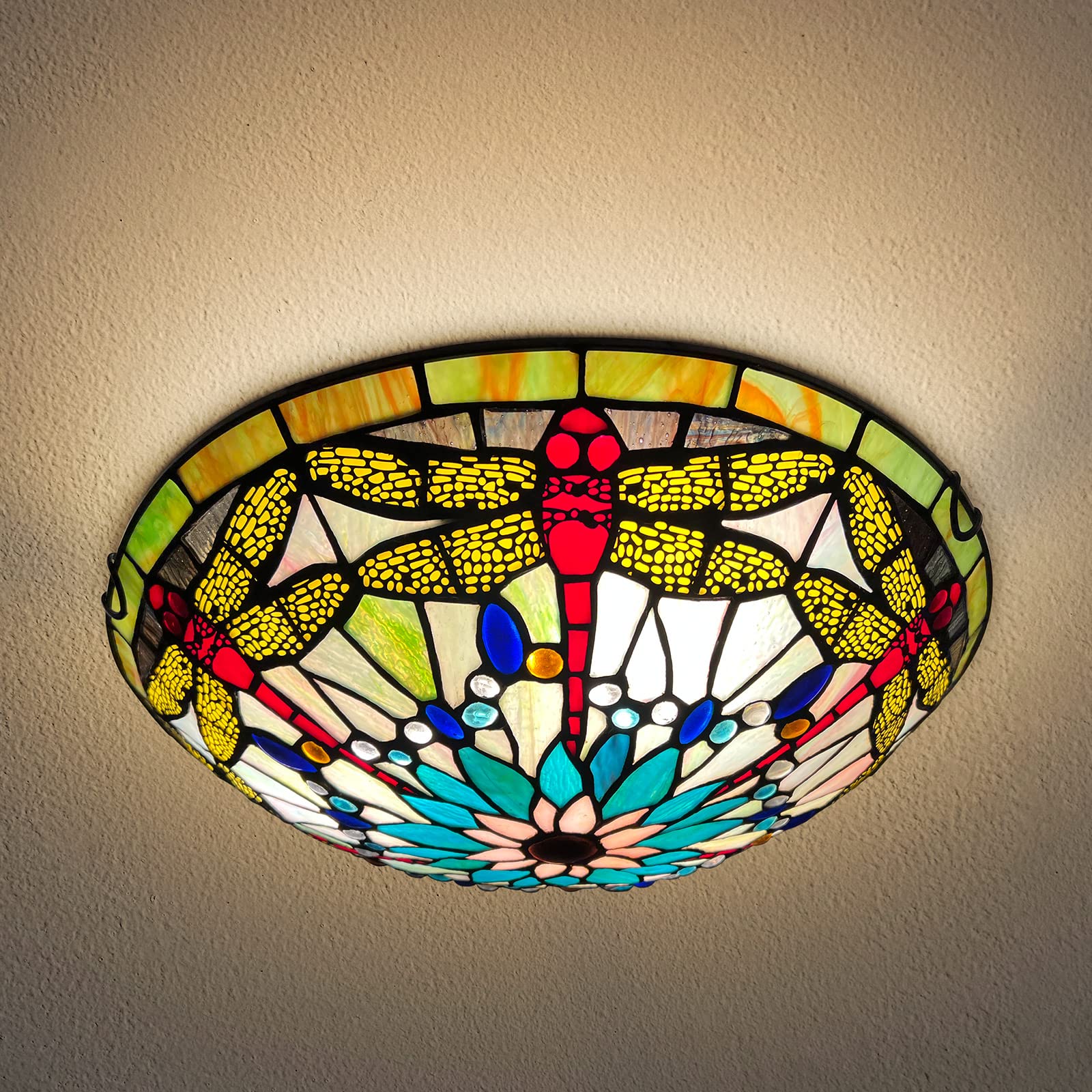 ARTZONE Tiffany Ceiling Lights, Stained Glass Ceiling Light 3-Lights 16 Inch Tiffany Flush Mount Ceiling Light for Bedroom Dining Living Room Entryway Foyer