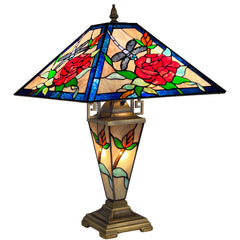 Tiffany Table Lamp with Nightlight — Rose & Dragonfly Stained Glass, W16" × H24"