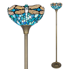 Tiffany Torchiere Floor Lamp,Handcrafted Stained Glass Lamp Shade,Antique Style Standing Corner Light for Living Room and Bedroom(Dragonfly)