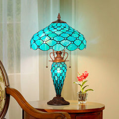Capulina Tiffany Lamp Stained Glass Table Lamp 3-Light 16x16x24 Inches Mother-Daughter Vase Seagrass Blue Beads Tiffany Style Desk Reading Lamp Decor for Home Office Bedroom Living Room