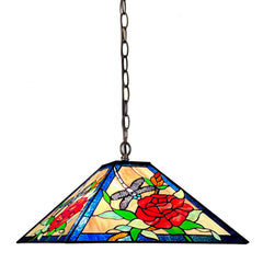 Tiffany Pendant Light — Rose & Dragonfly Stained Glass, W16" Adjustable Height