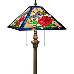 Tiffany Floor Lamp with Nightlight — Rose & Dragonfly Stained Glass, W16" × H59"