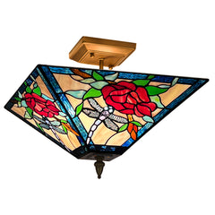 Tiffany Semi Flush Mount Ceiling Light — Rose Stained Glass, W14" × H11", 2-Light