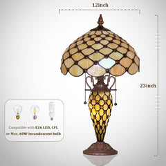 Thatyears Tiffany Lamp, White Beads Style Stained Glass Table Lamp 12X12X23 Inches Mother-Daughter Vase Desk Reading Lamp Decor Bedroom Living Room Home Office