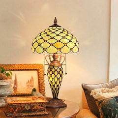 Thatyears Tiffany Lamp, White Beads Style Stained Glass Table Lamp 12X12X23 Inches Mother-Daughter Vase Desk Reading Lamp Decor Bedroom Living Room Home Office