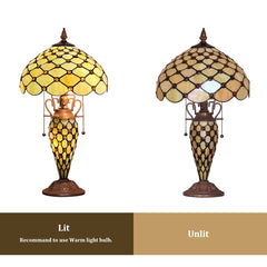 Thatyears Tiffany Lamp, White Beads Style Stained Glass Table Lamp 12X12X23 Inches Mother-Daughter Vase Desk Reading Lamp Decor Bedroom Living Room Home Office