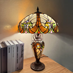 COTOSS Tiffany Table Lamp with NightLight 16 Wide Stained Glass Table Light 24 inch Tall Amber Cream Victorian Style 3 Lights Vintage Desk Lamp for Living Room Bedroom Office