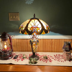COTOSS Tiffany Table Lamp with NightLight 16 Wide Stained Glass Table Light 24 inch Tall Amber Cream Victorian Style 3 Lights Vintage Desk Lamp for Living Room Bedroom Office