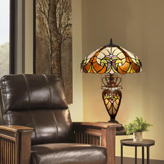 COTOSS Tiffany Table Lamp with NightLight 16 Wide Stained Glass Table Light 24 inch Tall Amber Cream Victorian Style 3 Lights Vintage Desk Lamp for Living Room Bedroom Office