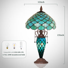 Thatyears Tiffany Table Lamp, Seagrass Blue Beads Style Stained Glass Table Lamp 12X12X23 Inches Mother-Daughter Vase Desk Lamp Decor for Bedroom Living Room Home Office