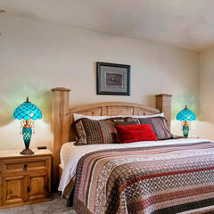 Thatyears Tiffany Table Lamp, Seagrass Blue Beads Style Stained Glass Table Lamp 12X12X23 Inches Mother-Daughter Vase Desk Lamp Decor for Bedroom Living Room Home Office