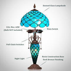 Thatyears Tiffany Table Lamp, Seagrass Blue Beads Style Stained Glass Table Lamp 12X12X23 Inches Mother-Daughter Vase Desk Lamp Decor for Bedroom Living Room Home Office