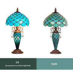 Thatyears Tiffany Table Lamp, Seagrass Blue Beads Style Stained Glass Table Lamp 12X12X23 Inches Mother-Daughter Vase Desk Lamp Decor for Bedroom Living Room Home Office