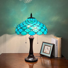 Thatyears Tiffany Table Lamp Seagrass Blue Beads Style Stained Glass Desk Lamp 16X16X24 Inches Vintage Style Desk Reading Light Decor for Bedroom Living Room Home Office
