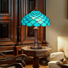 Thatyears Tiffany Table Lamp Seagrass Blue Beads Style Stained Glass Desk Lamp 16X16X24 Inches Vintage Style Desk Reading Light Decor for Bedroom Living Room Home Office