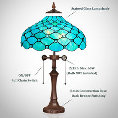 Thatyears Tiffany Table Lamp Seagrass Blue Beads Style Stained Glass Desk Lamp 16X16X24 Inches Vintage Style Desk Reading Light Decor for Bedroom Living Room Home Office