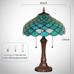 Thatyears Tiffany Table Lamp Seagrass Blue Beads Style Stained Glass Desk Lamp 16X16X24 Inches Vintage Style Desk Reading Light Decor for Bedroom Living Room Home Office