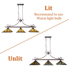 Thatyears Tiffany Pool Table Light Chandelier 3 Light Kitchen Counter Island Lighting 12" Wide Stained Glass Dining Room Light Fixtures ORB Finishing