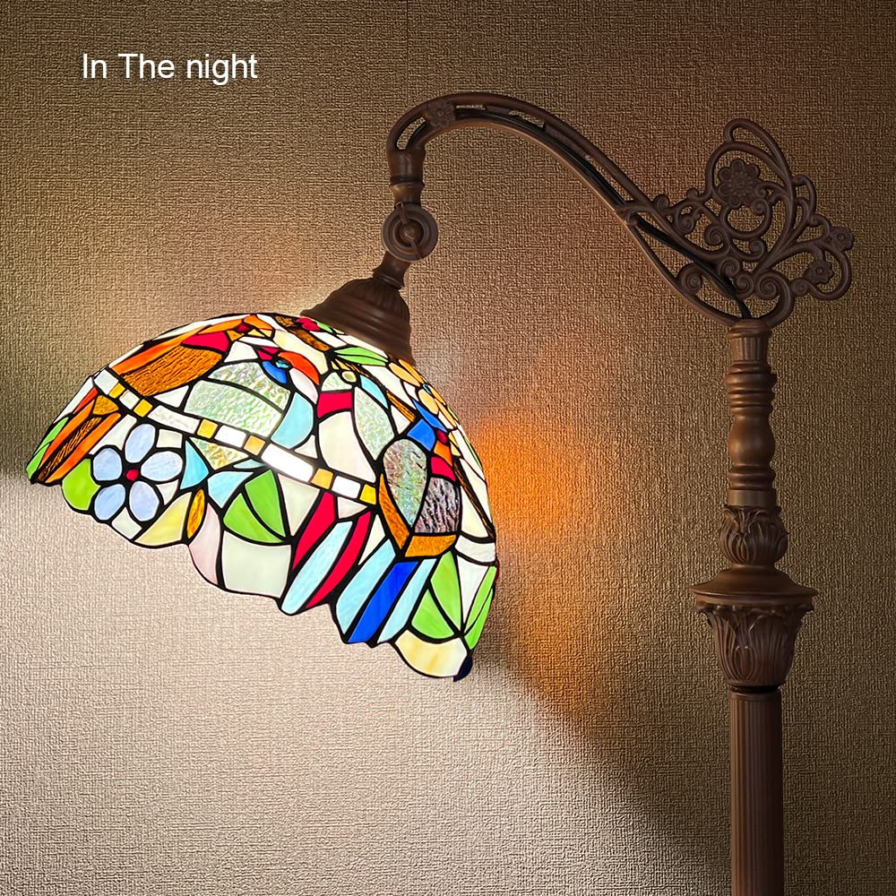 Capulina Tiffany Floor Lamp H62 Tall Antique Cardinal Birds Style Stained Glass Soft Light Arched Gooseneck Adjustable Angle Reading Floor Lamp for Living Room Bedroom